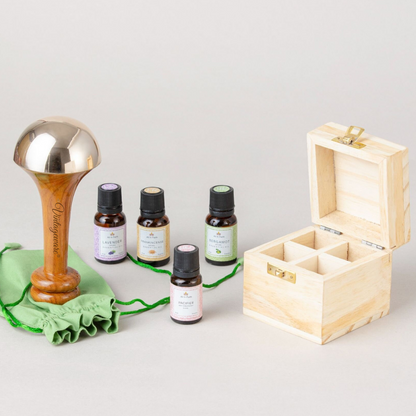 Vintageware® Ayurvedic Kansa Wand Bronze Massager with Wooden Box & Face Serum | Body, Back, and Foot Massage Tool with 4 Essential Oils