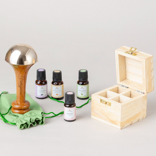 Vintageware® Ayurvedic Kansa Wand Bronze Massager with Wooden Box & Face Serum | Body, Back, and Foot Massage Tool with 4 Essential Oils
