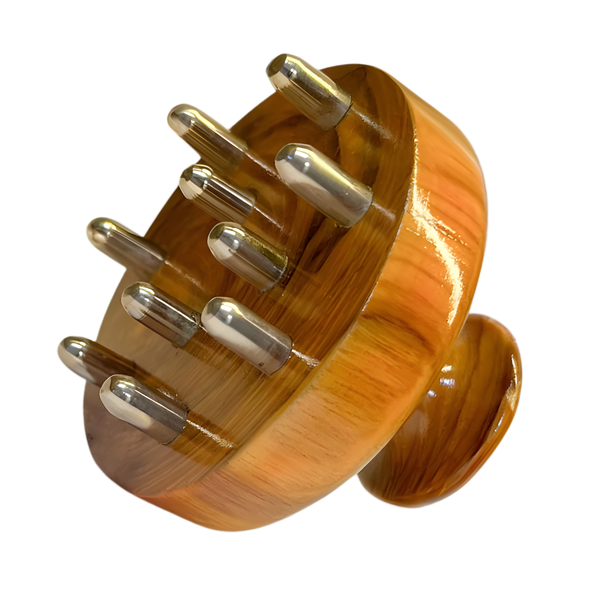 Ayurveda Scalp Massager & Body Stimulator | Ayurvedic Bronze Head Massager Tool for Hair Growth, Stress Relief & Detox | Handmade Wooden Handle