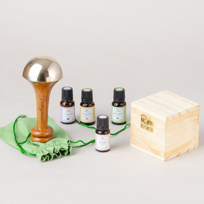 Vintageware® Ayurvedic Kansa Wand Bronze Massager with Wooden Box & Face Serum | Body, Back, and Foot Massage Tool with 4 Essential Oils