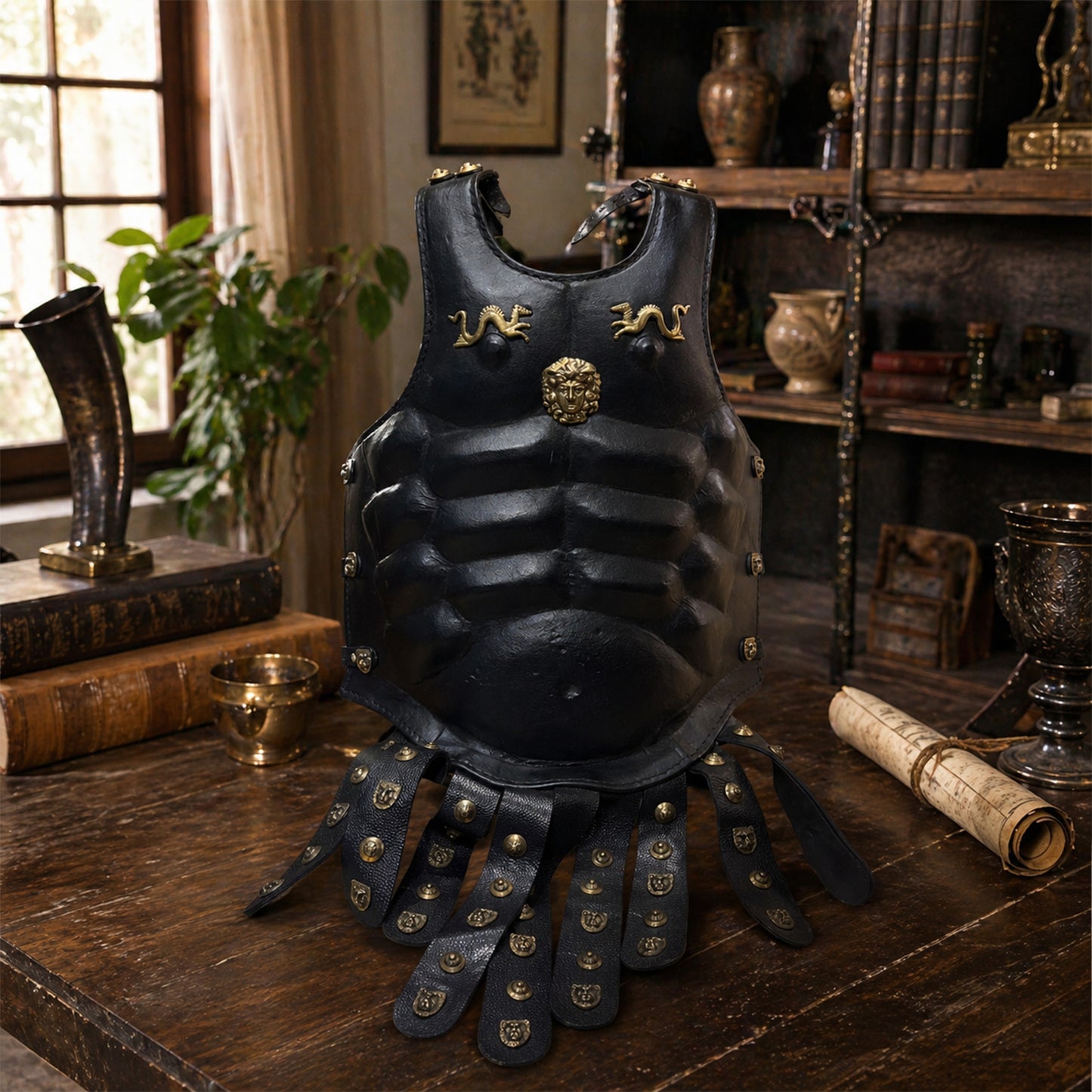 Vintageware® Greek Roman Leather Muscle Armor with Belt & Brass Fittings – Medieval Body Armor for Cosplay, LARP & Reenactment (LM-BA004)
