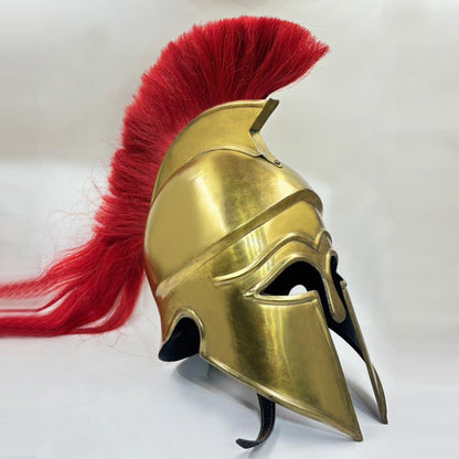 Corinthian Helmet with Brass Finish & Red Plume – Handcrafted Greek Spartan Armor for Cosplay, LARP & Renaissance (HT-A036)