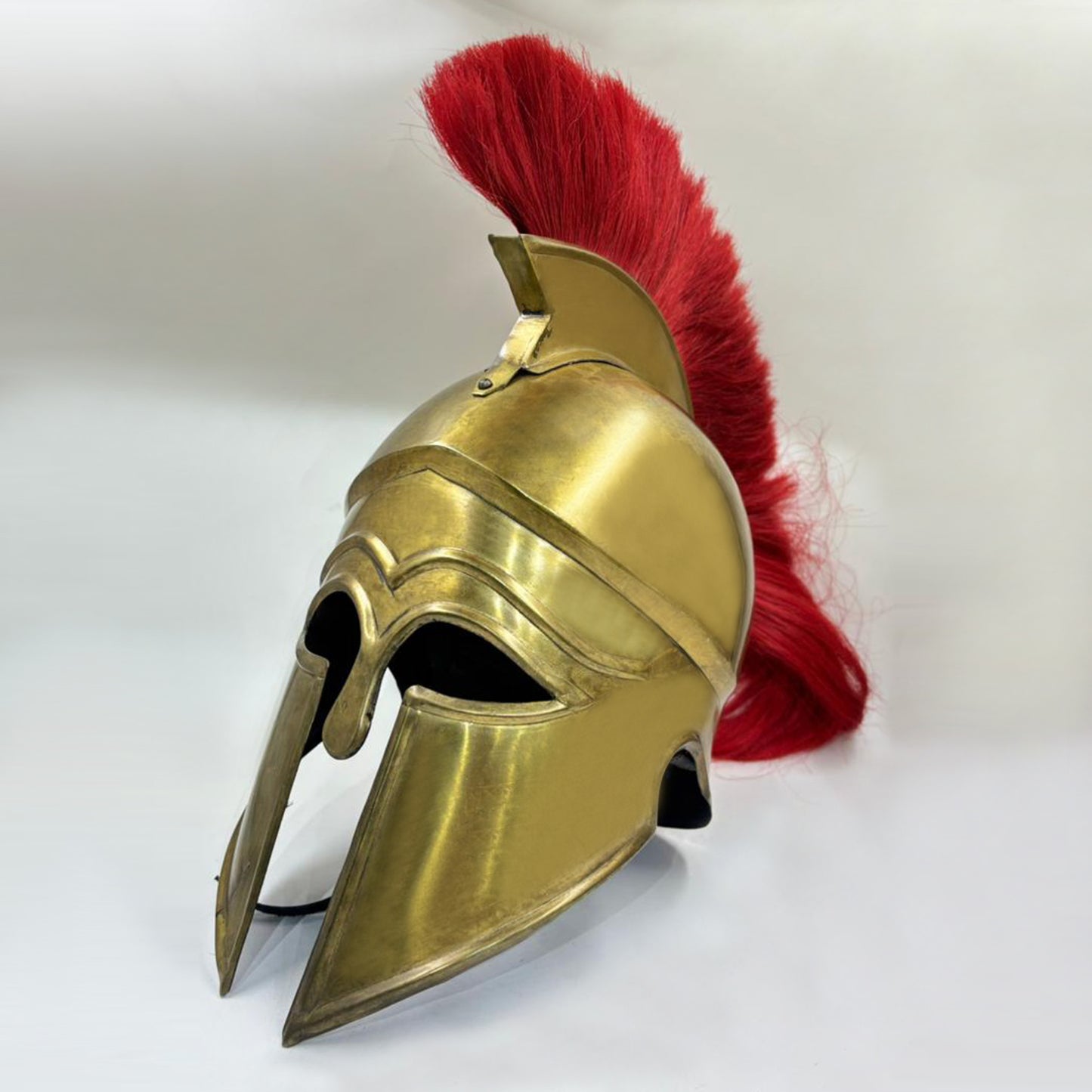 Corinthian Helmet with Brass Finish & Red Plume – Handcrafted Greek Spartan Armor for Cosplay, LARP & Renaissance (HT-A036)