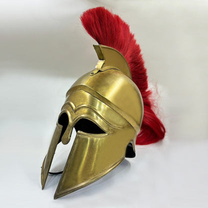 Corinthian Helmet with Brass Finish & Red Plume – Handcrafted Greek Spartan Armor for Cosplay, LARP & Renaissance (HT-A036)