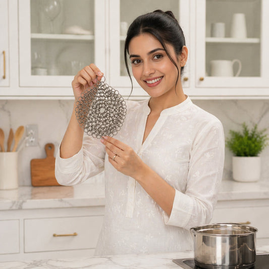 Steel Chainmail Cast Iron Cleaner – Non-Scratch Scrubber for Skillets, Pans, BBQ Grills & Cookware (CM-SCRUBBER-RD)
