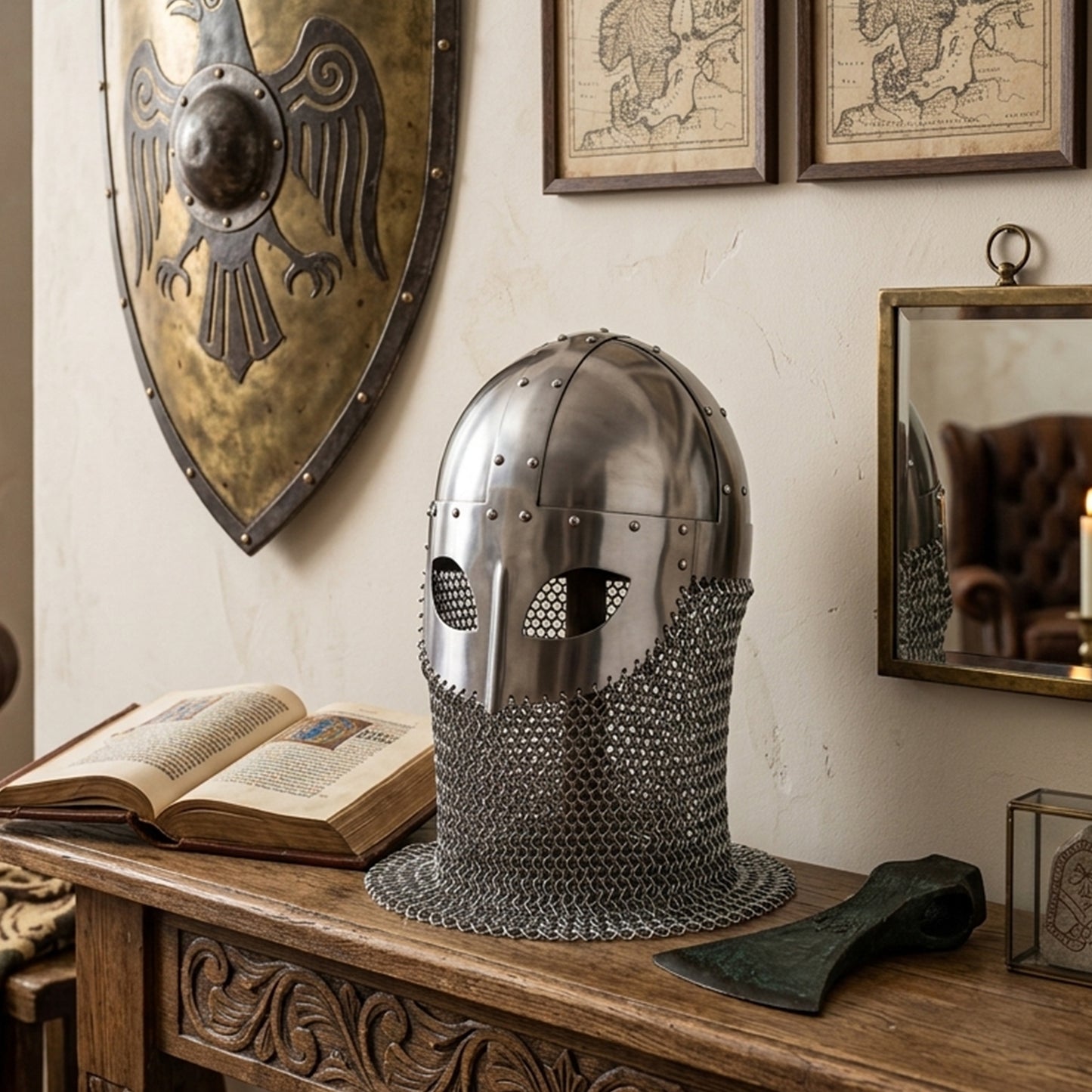 Viking Spectacle Helmet with Chainmail – 18G Steel Norse Armor (HT-A039)