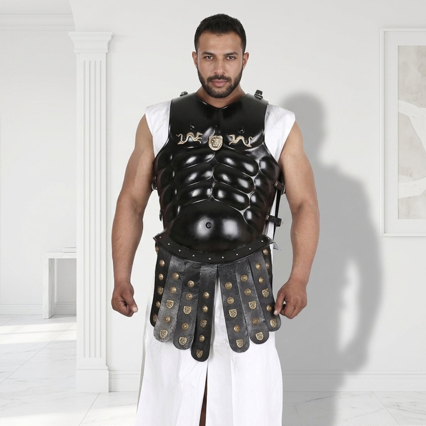 Vintageware® Greek Roman Muscle Cuirass Armor – 18 Gauge Steel Breastplate with Backplate & Leather Skirt | Medieval Body Armor for Cosplay, LARP & Reenactment (MB-C008)