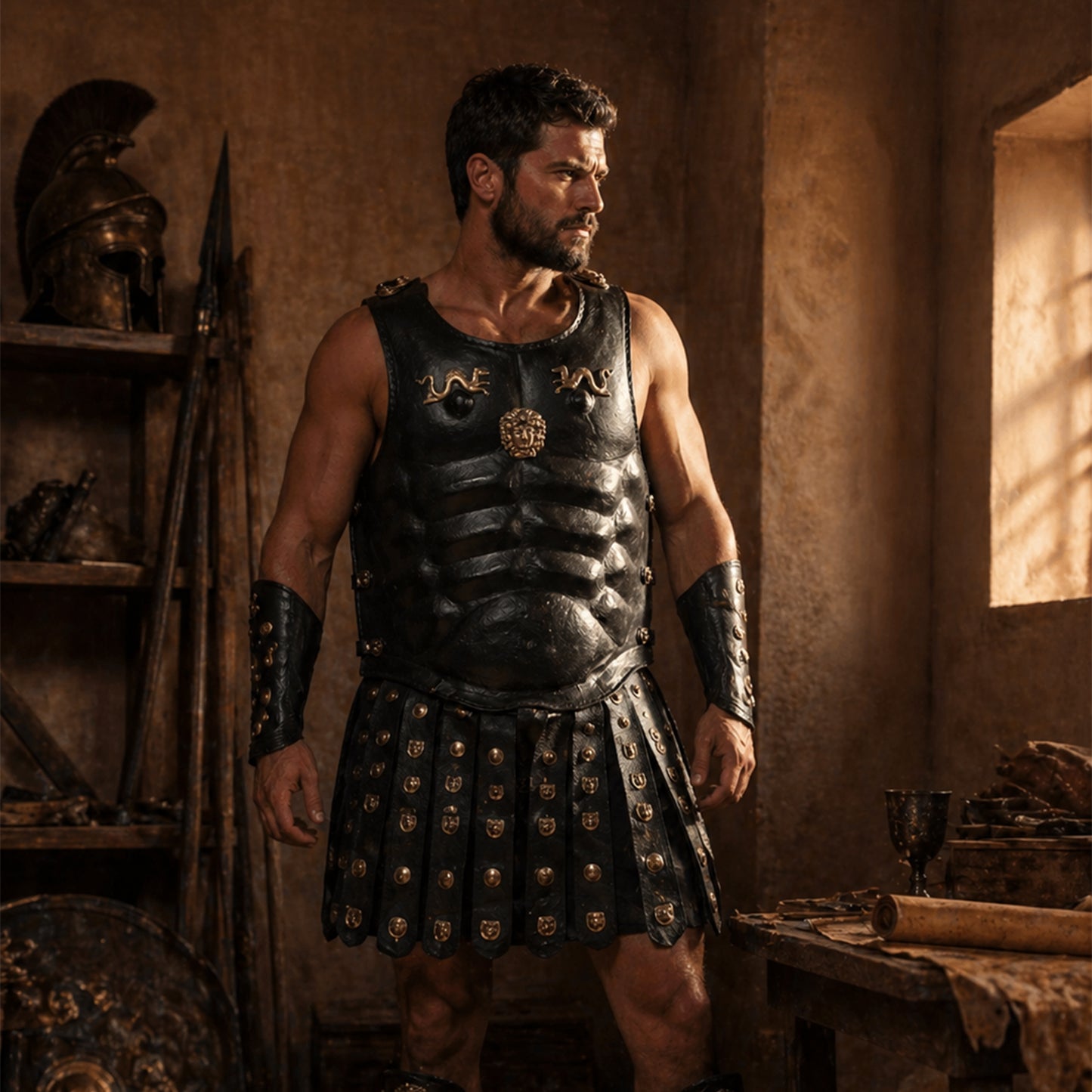 Vintageware® Greek Roman Leather Muscle Armor with Belt & Brass Fittings – Medieval Body Armor for Cosplay, LARP & Reenactment (LM-BA004)
