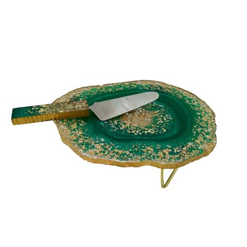 Resin Cake Stand With Server (Green & Glitter) - Vintageware