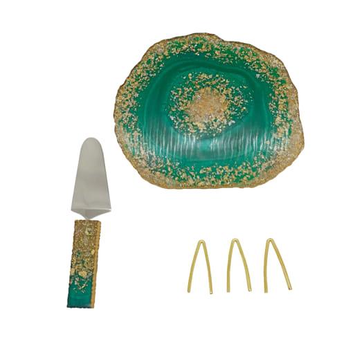 Resin Cake Stand With Server (Green & Glitter) - Vintageware