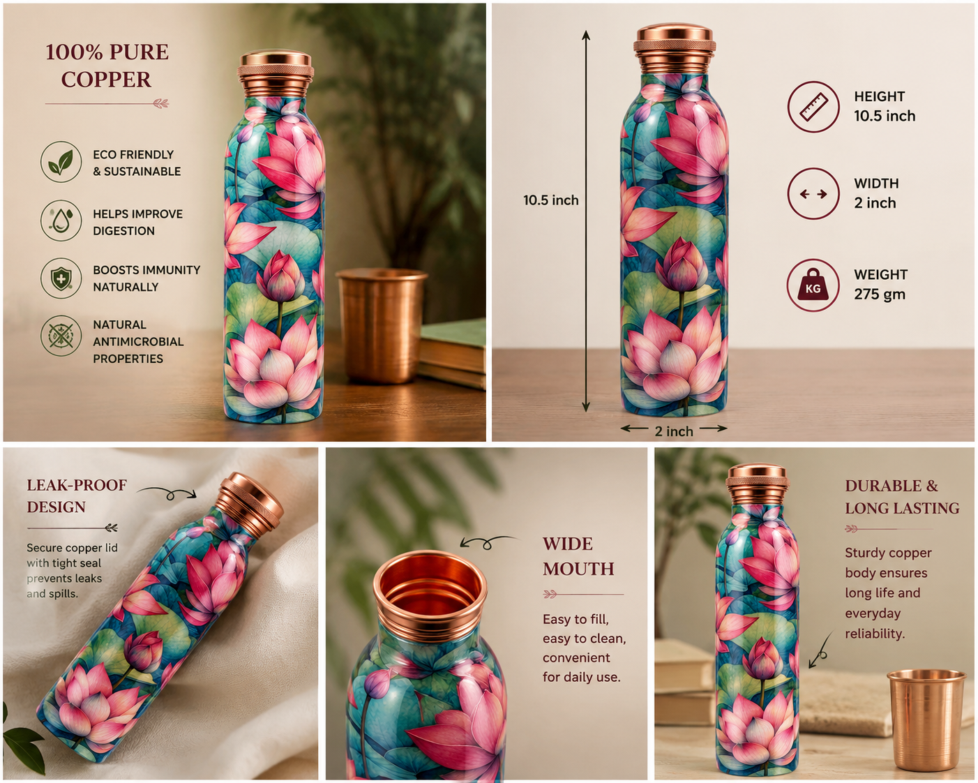 [Latest Collection] Vintageware® Lotus Print Pure Copper Bottle 950 ml  | Seamless Leakproof Copper Bottle with Handle | Ayurvedic Drinking Water Bottle | Made in India