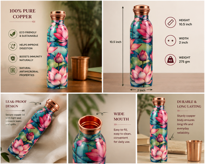 [Latest Collection] Vintageware® Lotus Print Pure Copper Bottle 950 ml  | Seamless Leakproof Copper Bottle with Handle | Ayurvedic Drinking Water Bottle | Made in India