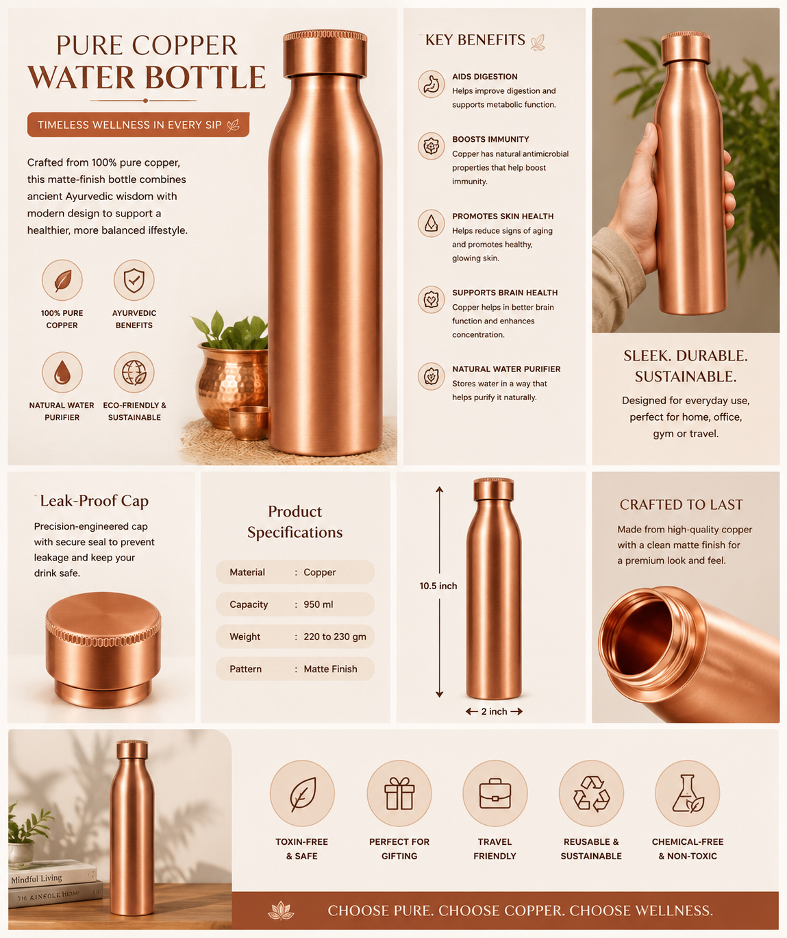 [Latest Collection] Vintageware® Pure Matte Copper Bottle 950 ml  | Seamless Leakproof Copper Bottle with Handle | Ayurvedic Drinking Water Bottle | Made in India