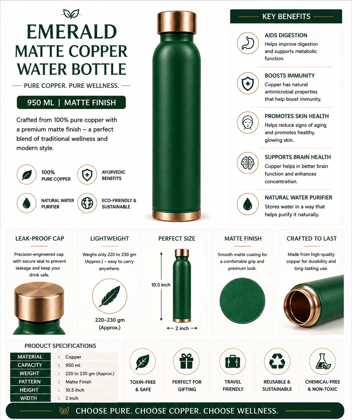 [Latest Collection] Vintageware® Emerald Matte Copper Water Bottle – 950 ML