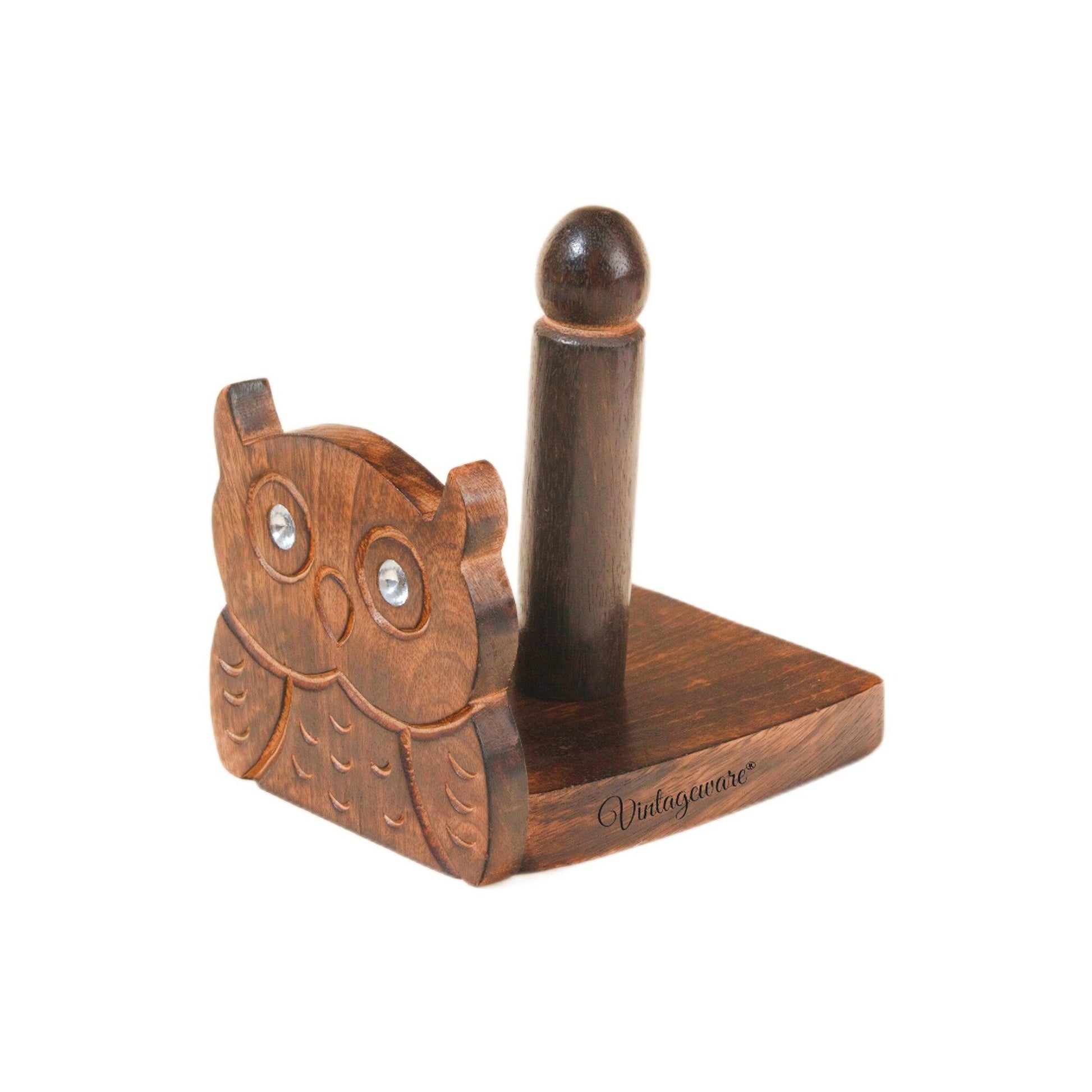 Wooden Tissue Roll Holder Owl Designed (Round Top) - Vintageware