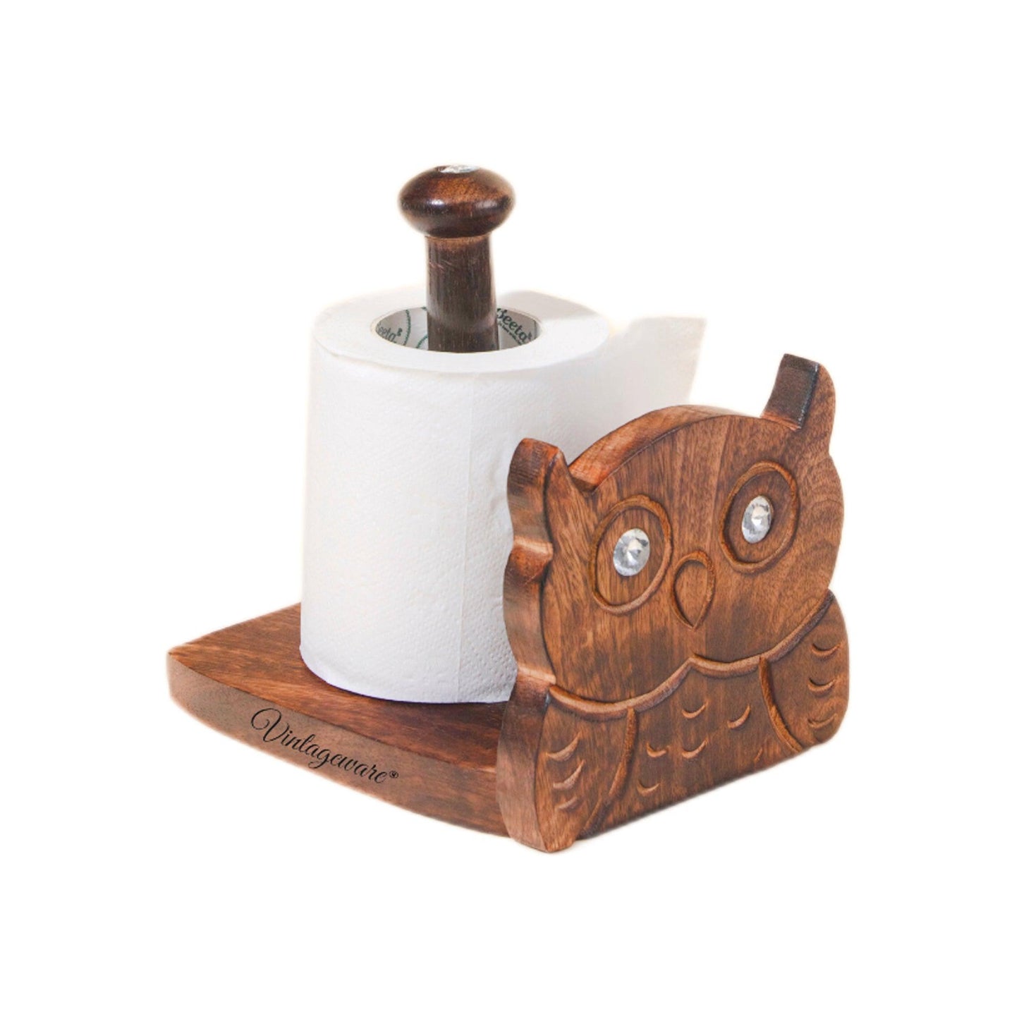 Wooden Tissue Roll Holder Owl Designed (Gem Top) - Vintageware