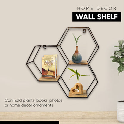 Metal & Wooden Wall Shelf (Hexagon) - Vintageware