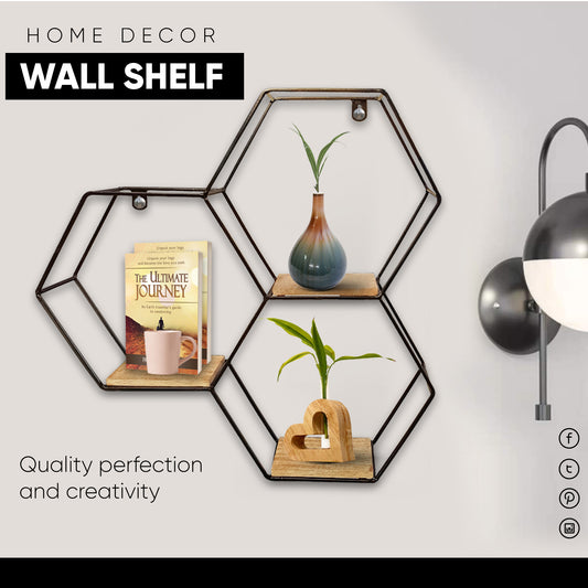 Metal & Wooden Wall Shelf (Hexagon) - Vintageware