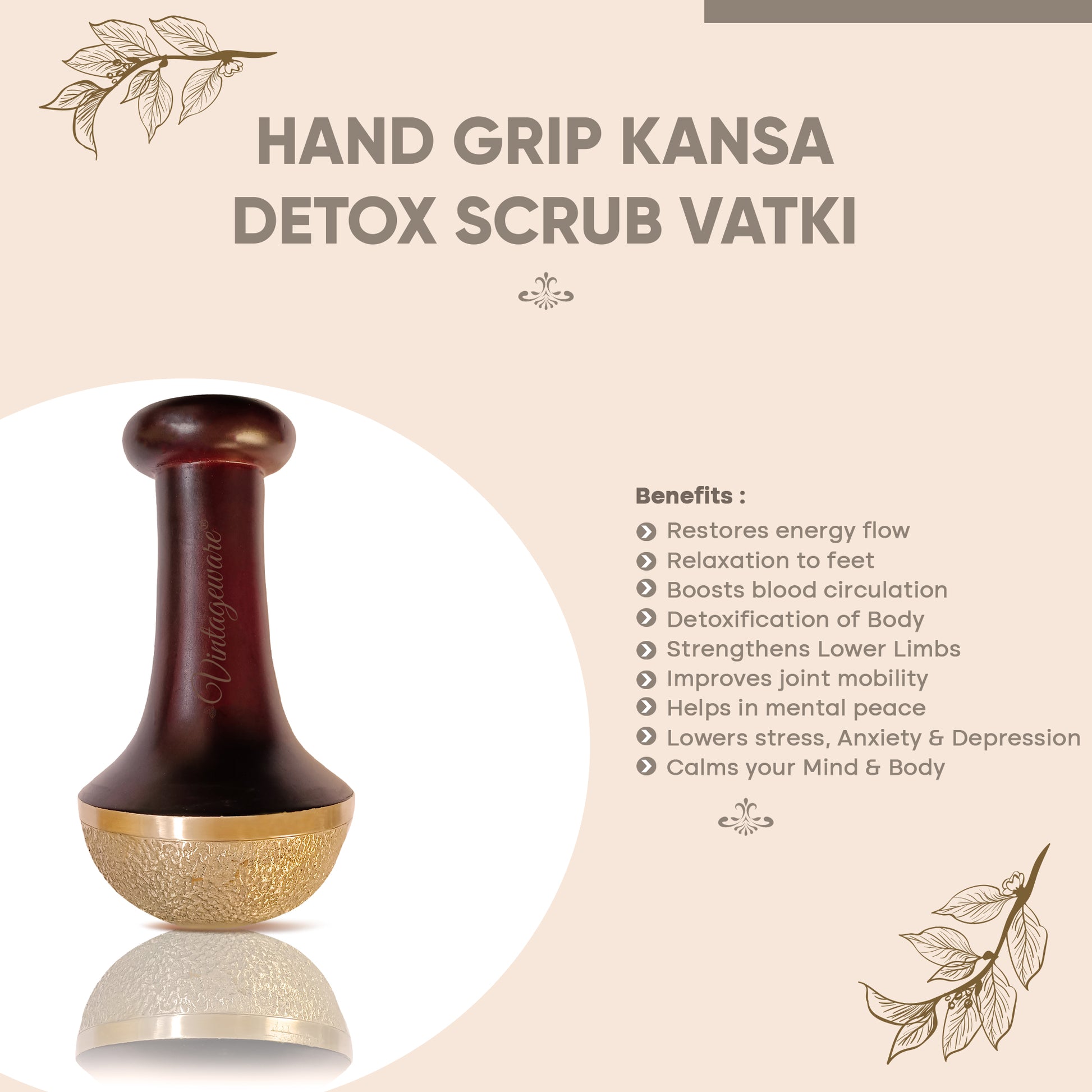 Kansa Scrub Vatki With Wooden Handle (Dark Brown) - Vintageware