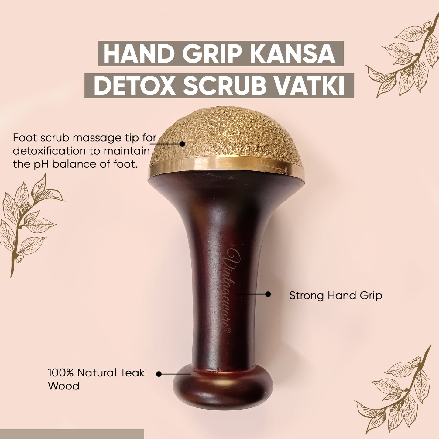 Kansa Scrub Vatki With Wooden Handle (Dark Brown) - Vintageware
