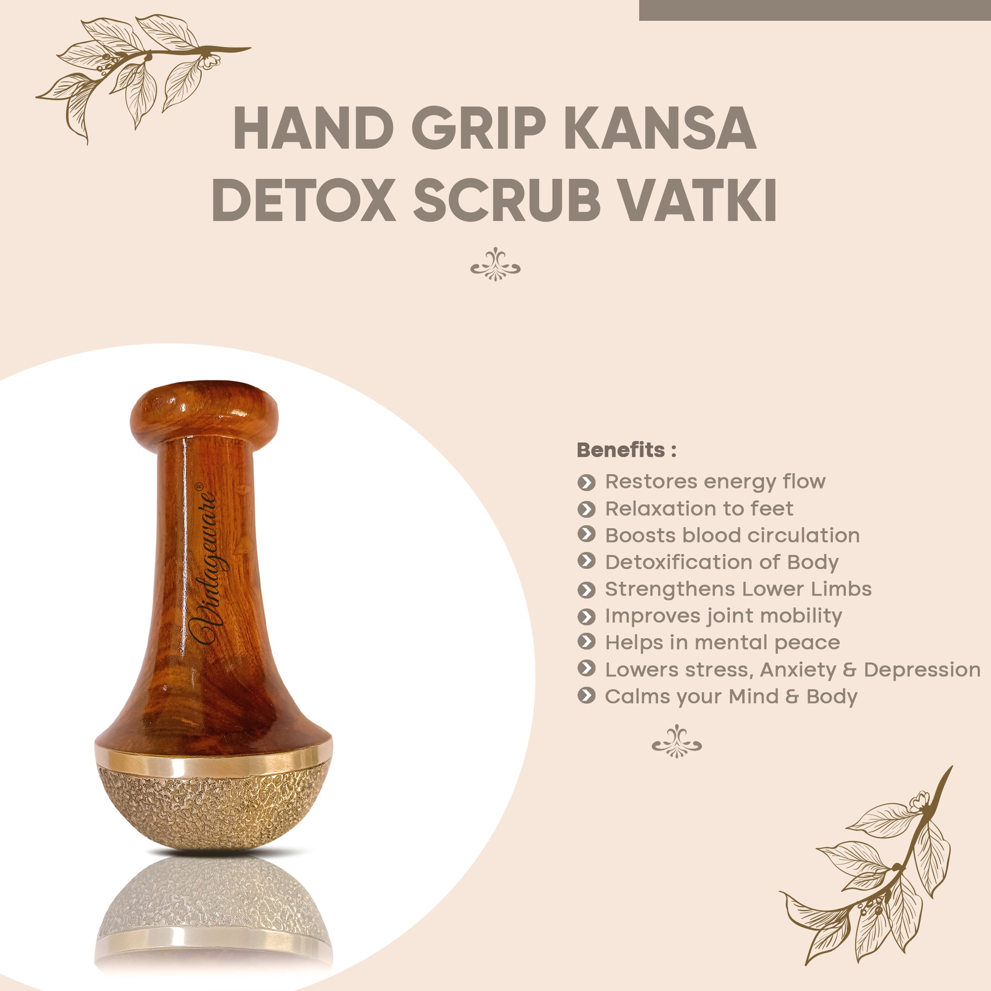 Kansa Scrub Vatki With Wooden Handle (Natural Brown) - Vintageware