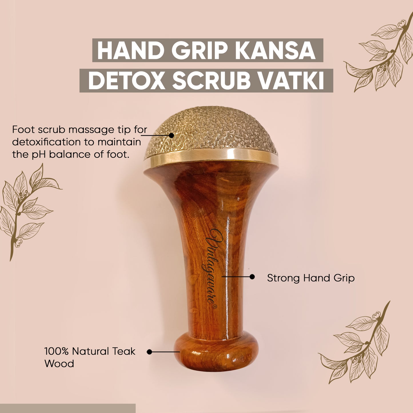 Kansa Scrub Vatki With Wooden Handle (Natural Brown) - Vintageware