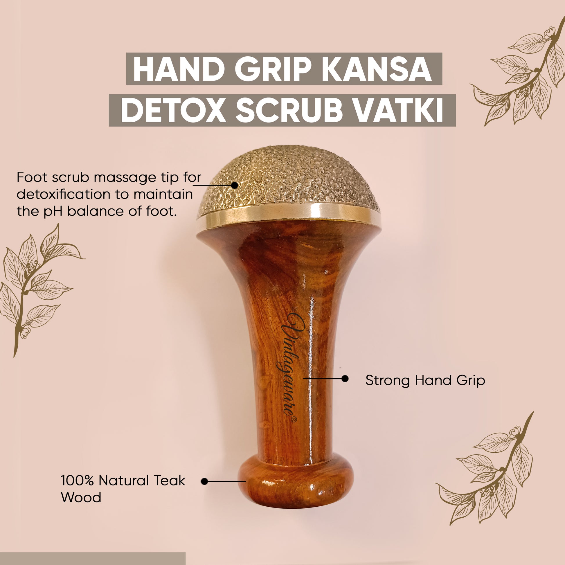 Kansa Scrub Vatki With Wooden Handle (Natural Brown) - Vintageware