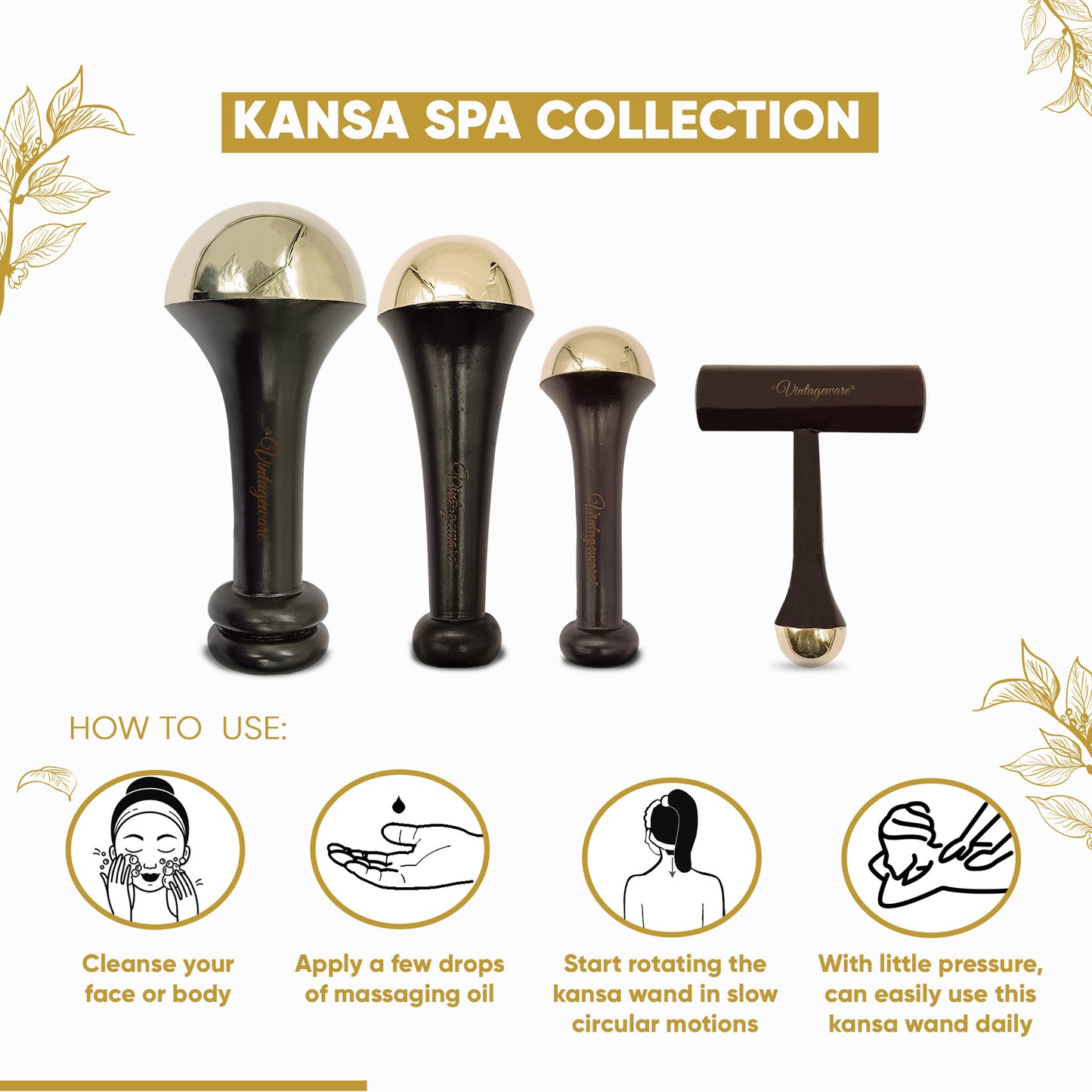 Kansa Wand Face, Body, Back, Foot Massager Set (Dark Brown) - Vintageware