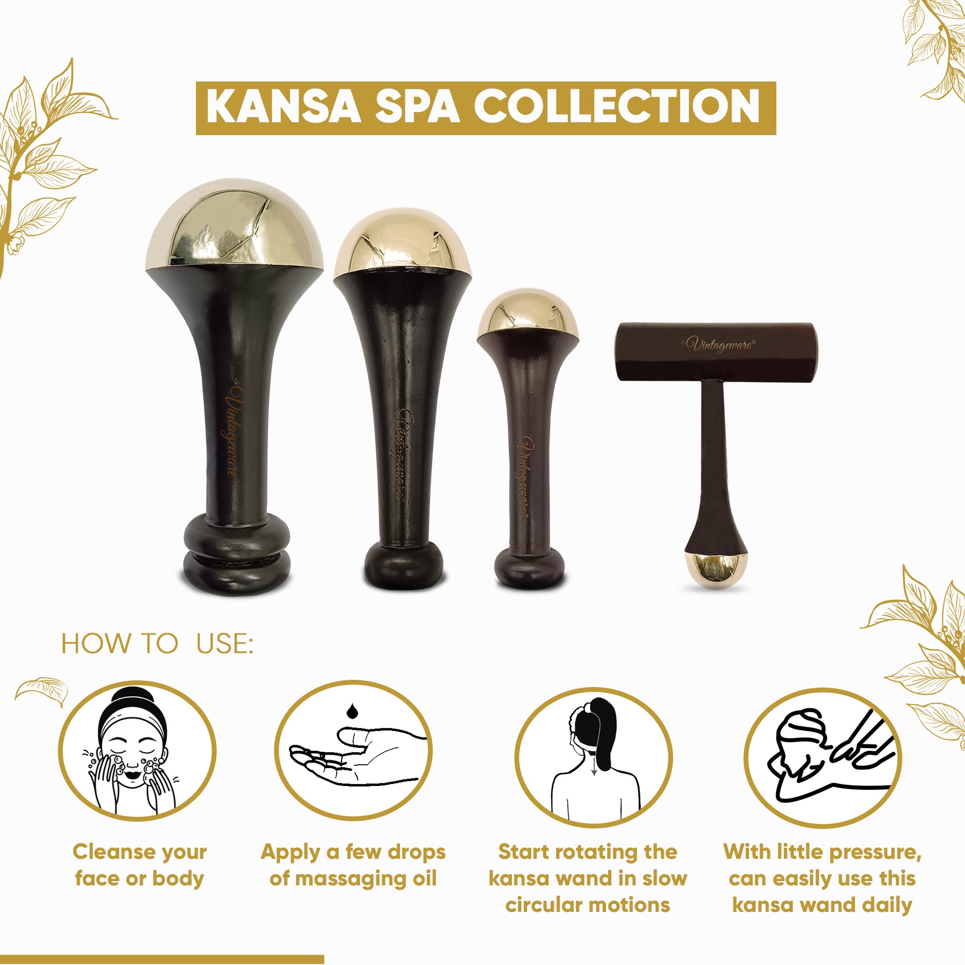 Kansa Wand Face, Body, Back, Foot Massager Set (Dark Brown) - Vintageware
