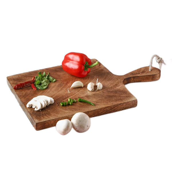 Handcrafted Rectangular Shape Wooden Chopping Board With Handle (15 Inch) - Vintageware