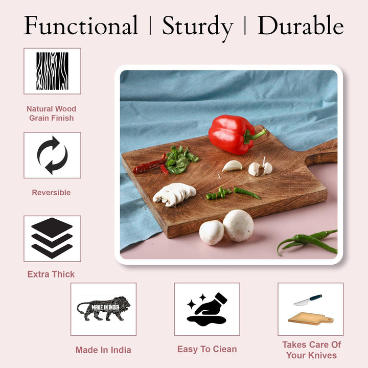 Handcrafted Rectangular Shape Wooden Chopping Board With Handle (15 Inch) - Vintageware