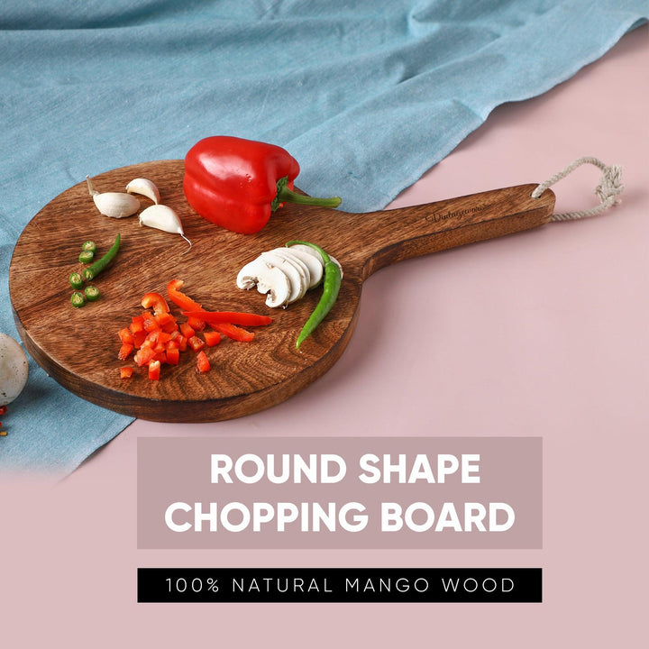 Handcrafted Round Shape Wooden Chopping Board With Handle - Vintageware