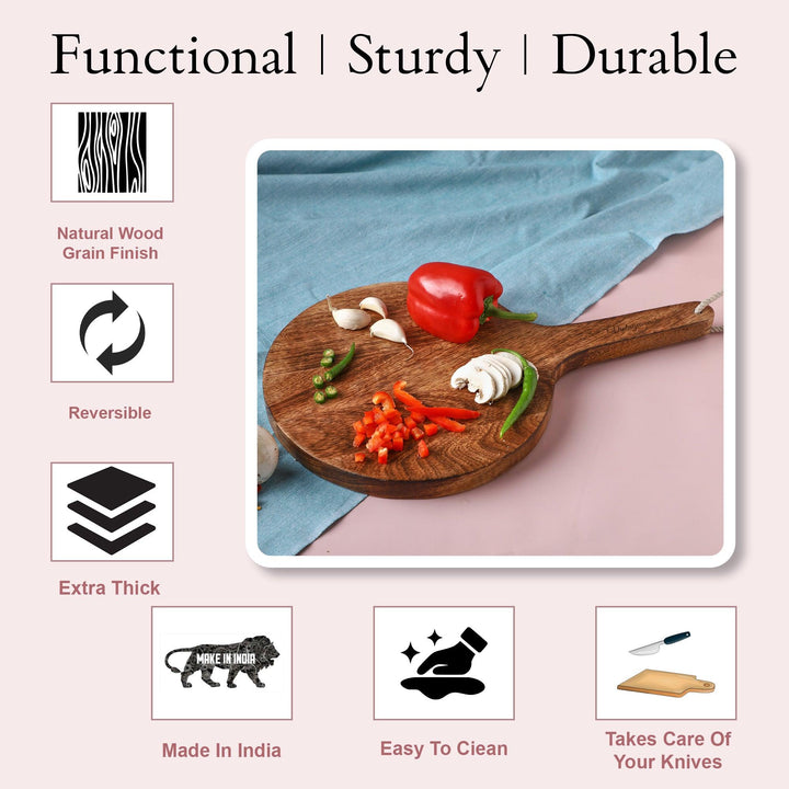 Handcrafted Round Shape Wooden Chopping Board With Handle - Vintageware