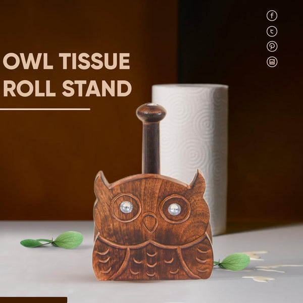 Wooden Tissue Roll Holder Owl Designed  (Gem Top)
