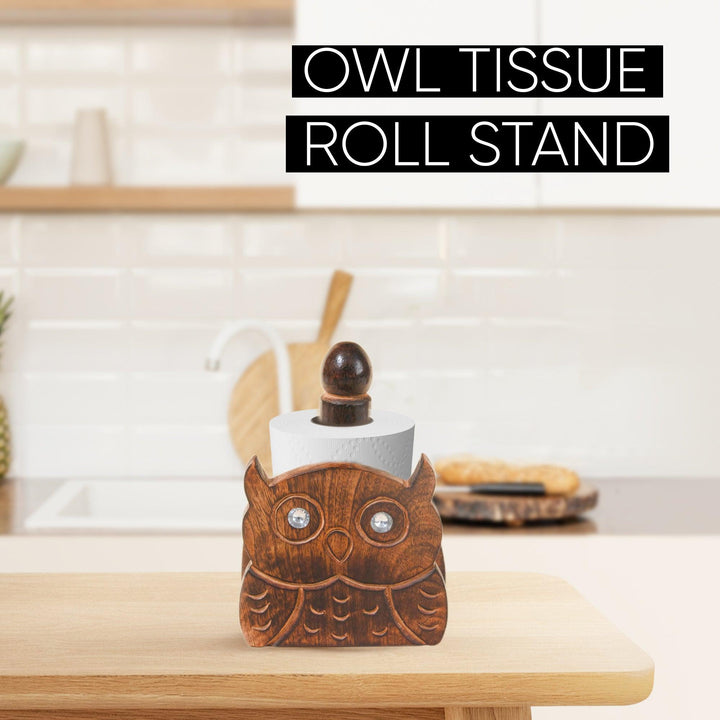 Wooden Tissue Roll Holder Owl Designed (Round Top) - Vintageware