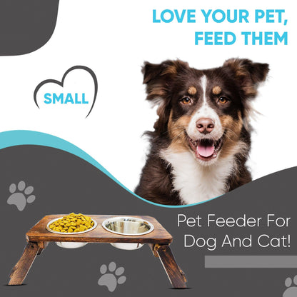 Wooden Dog Feeder Stand With 2 Stainless Steel Bowl 900 ML (Small) - Vintageware