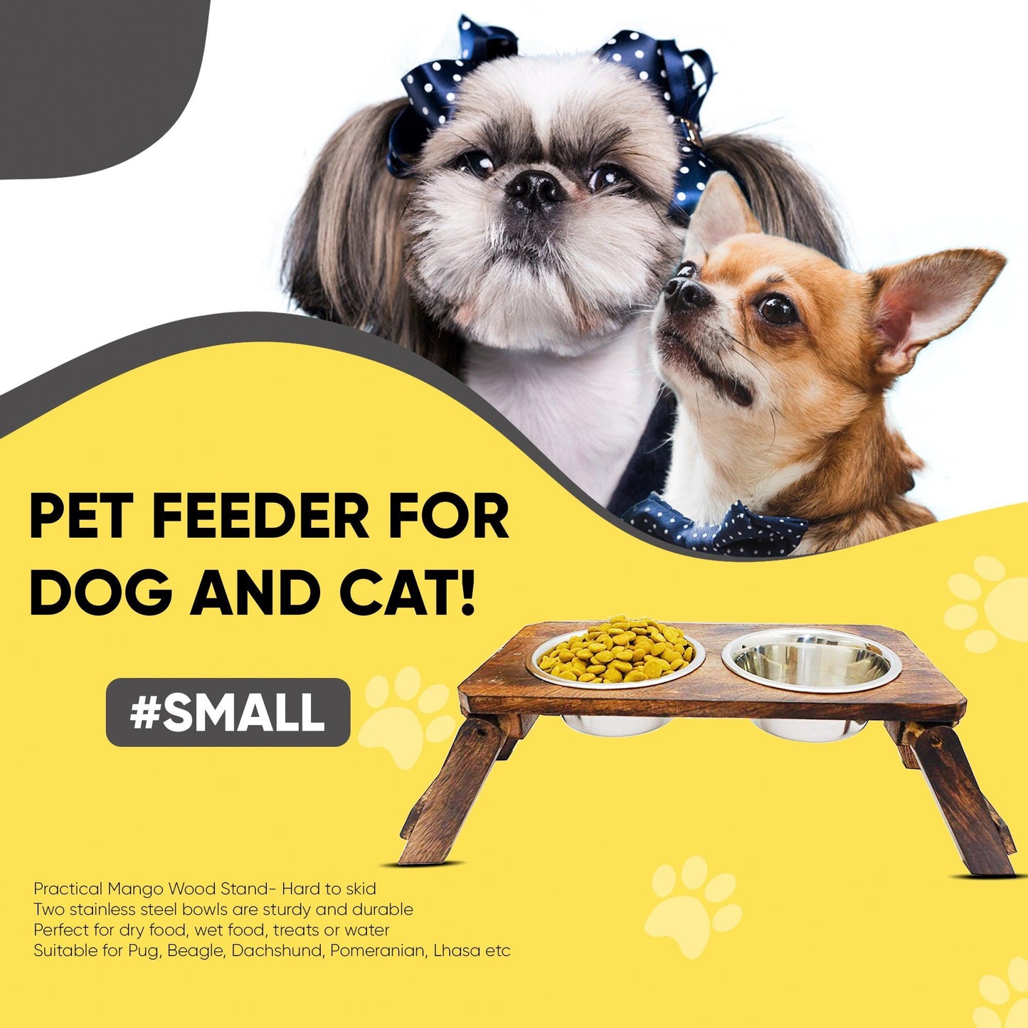 Wooden Dog Feeder Stand With 2 Stainless Steel Bowl 900 ML (Small) - Vintageware