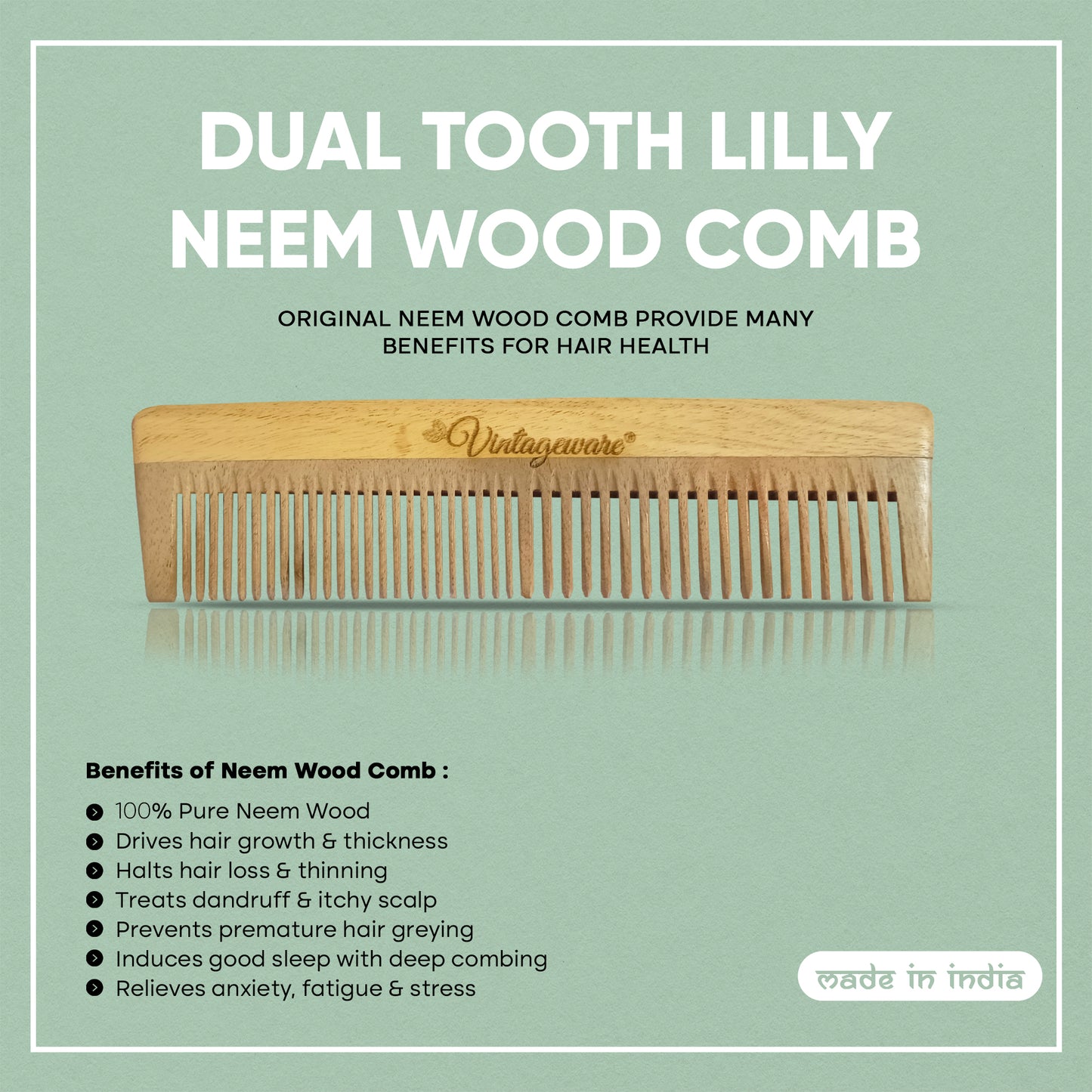 Dual Tooth Lilly Neem Wood Comb - Vintageware