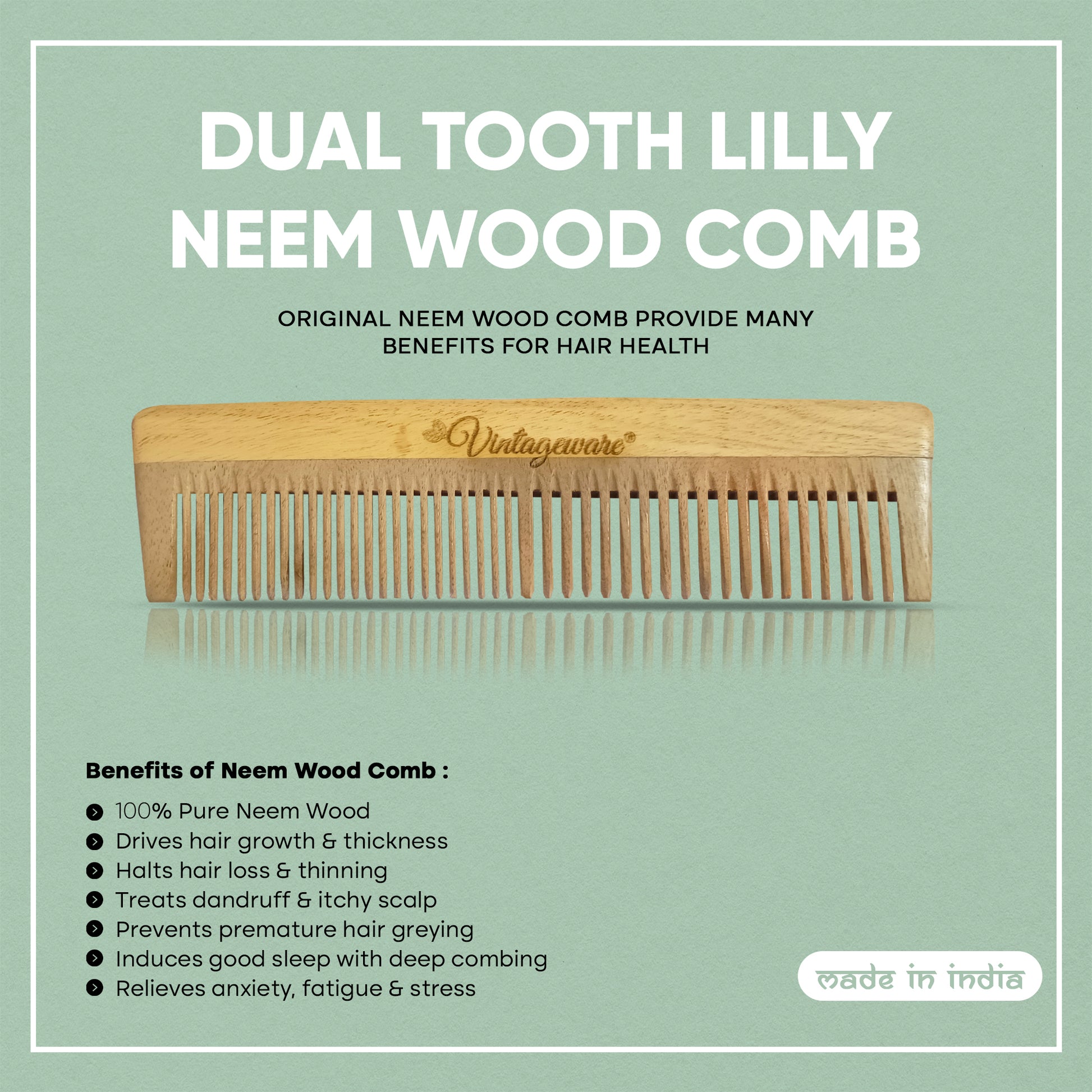 Dual Tooth Lilly Neem Wood Comb - Vintageware