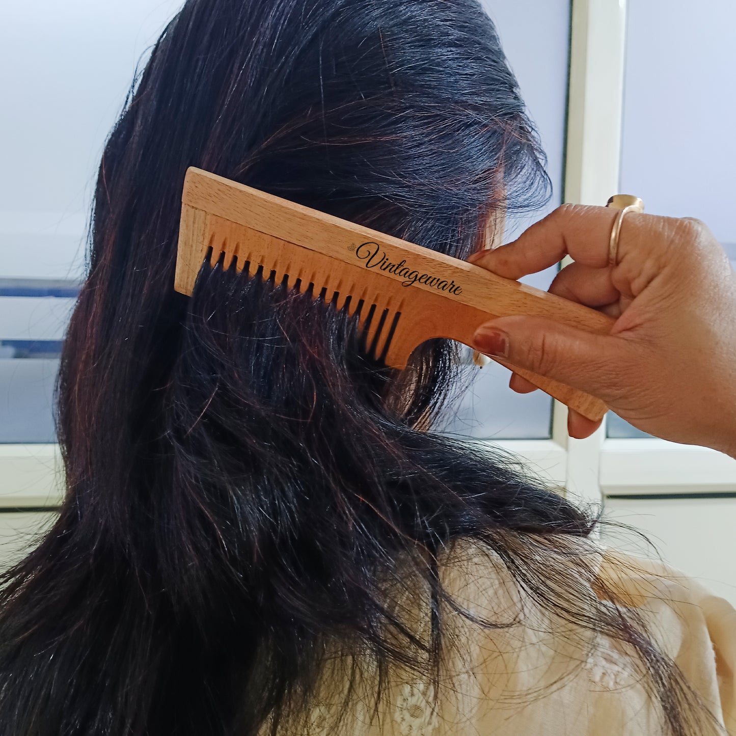 Wide Tooth Neem Wood Comb with Handle - Vintageware