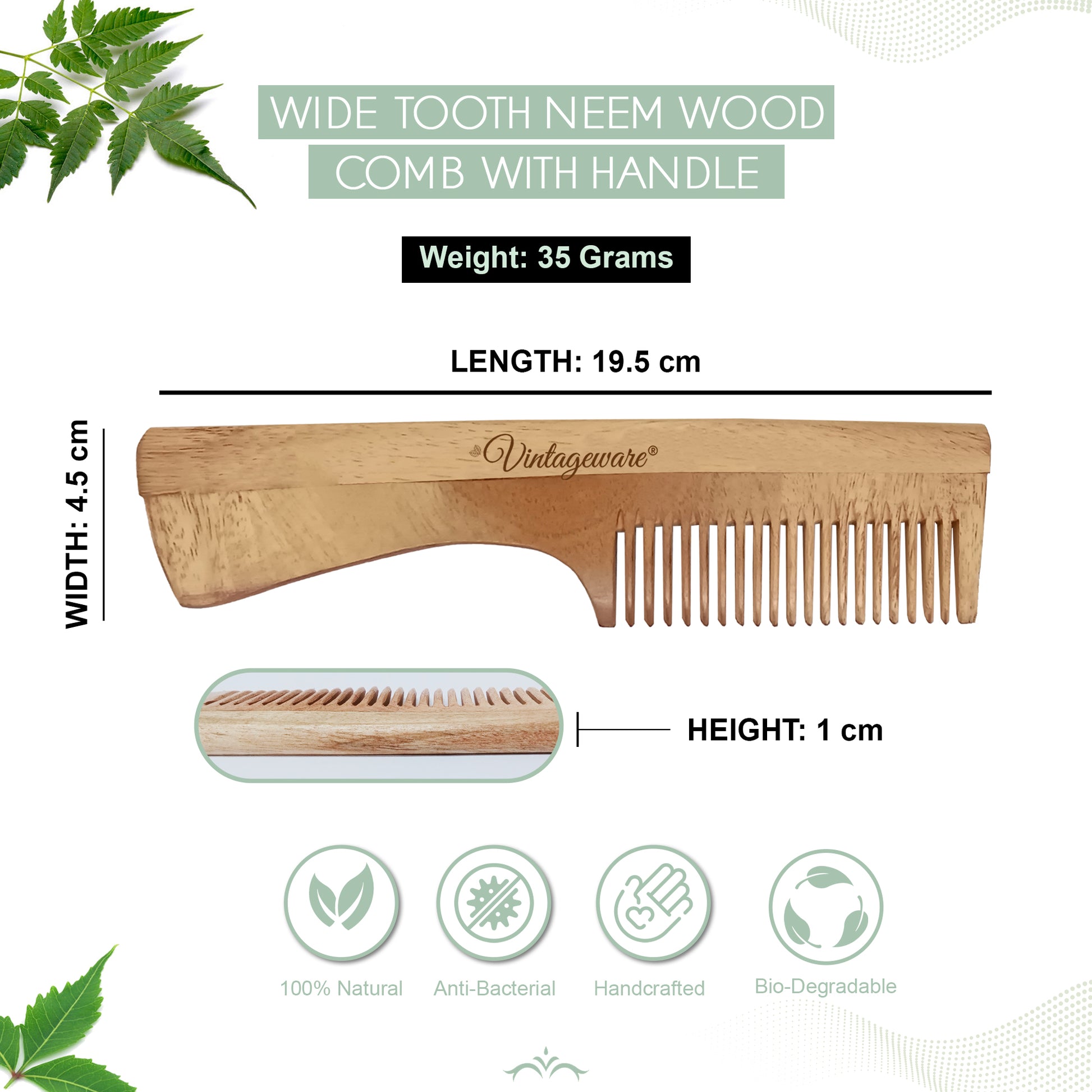 Wide Tooth Neem Wood Comb with Handle - Vintageware