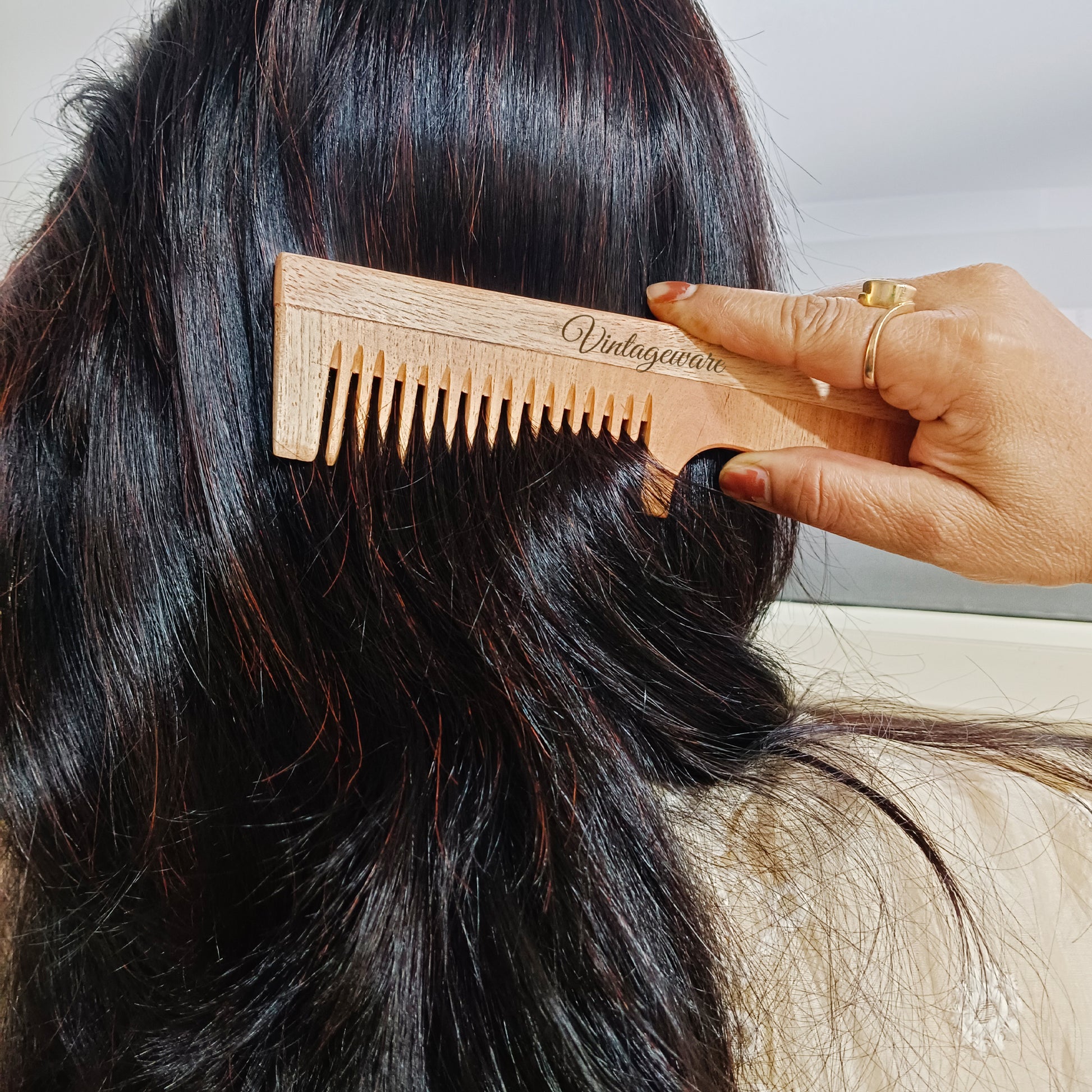 Wide Tooth Neem Wood Comb with Handle - Vintageware