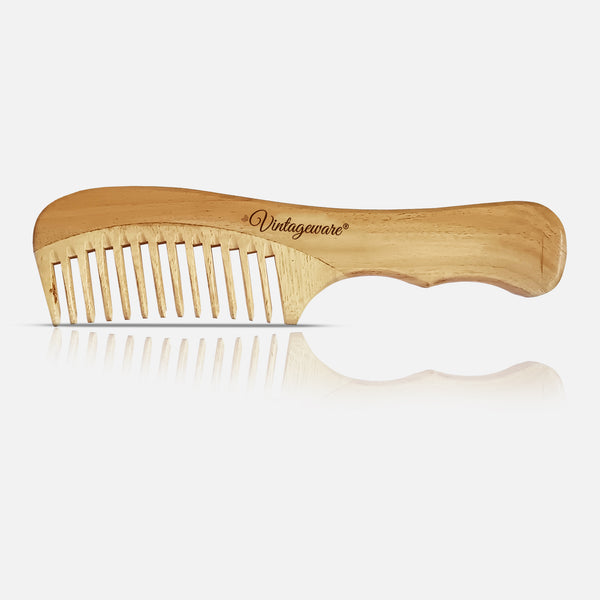 Wide Tooth Neem Wood Comb With Double Curve Handle - Vintageware