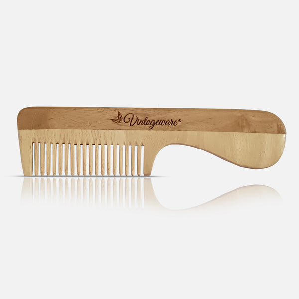 Wide Tooth Neem Wood Comb With Curve Handle - Vintageware