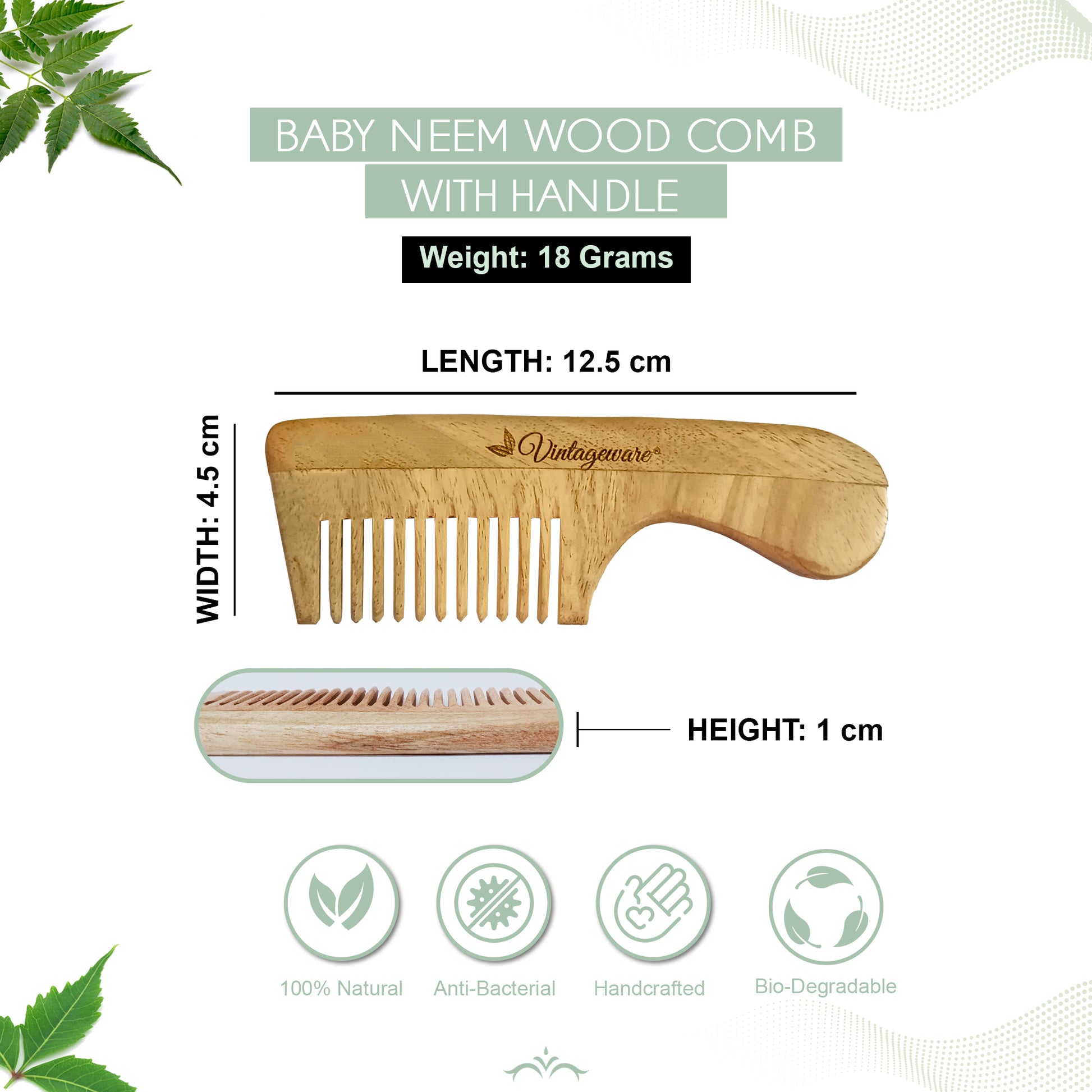 Baby Neem Wood Comb With Handle - Vintageware