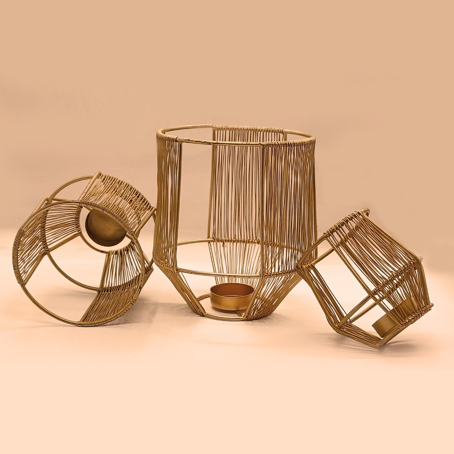 Golden Cage Metal Tealight Candle Holders (Set of 3) | Small + Medium + Large | - Vintageware