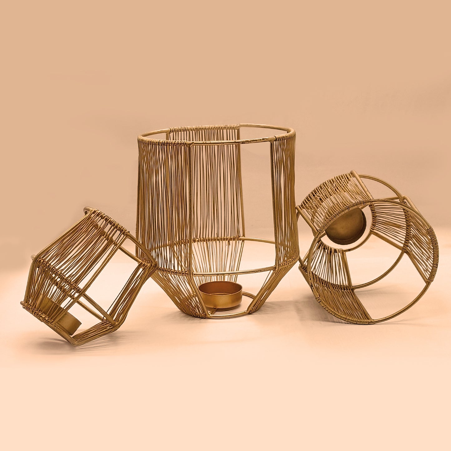 Golden Cage Metal Tealight Candle Holders (Set of 3) | Small + Medium + Large | - Vintageware