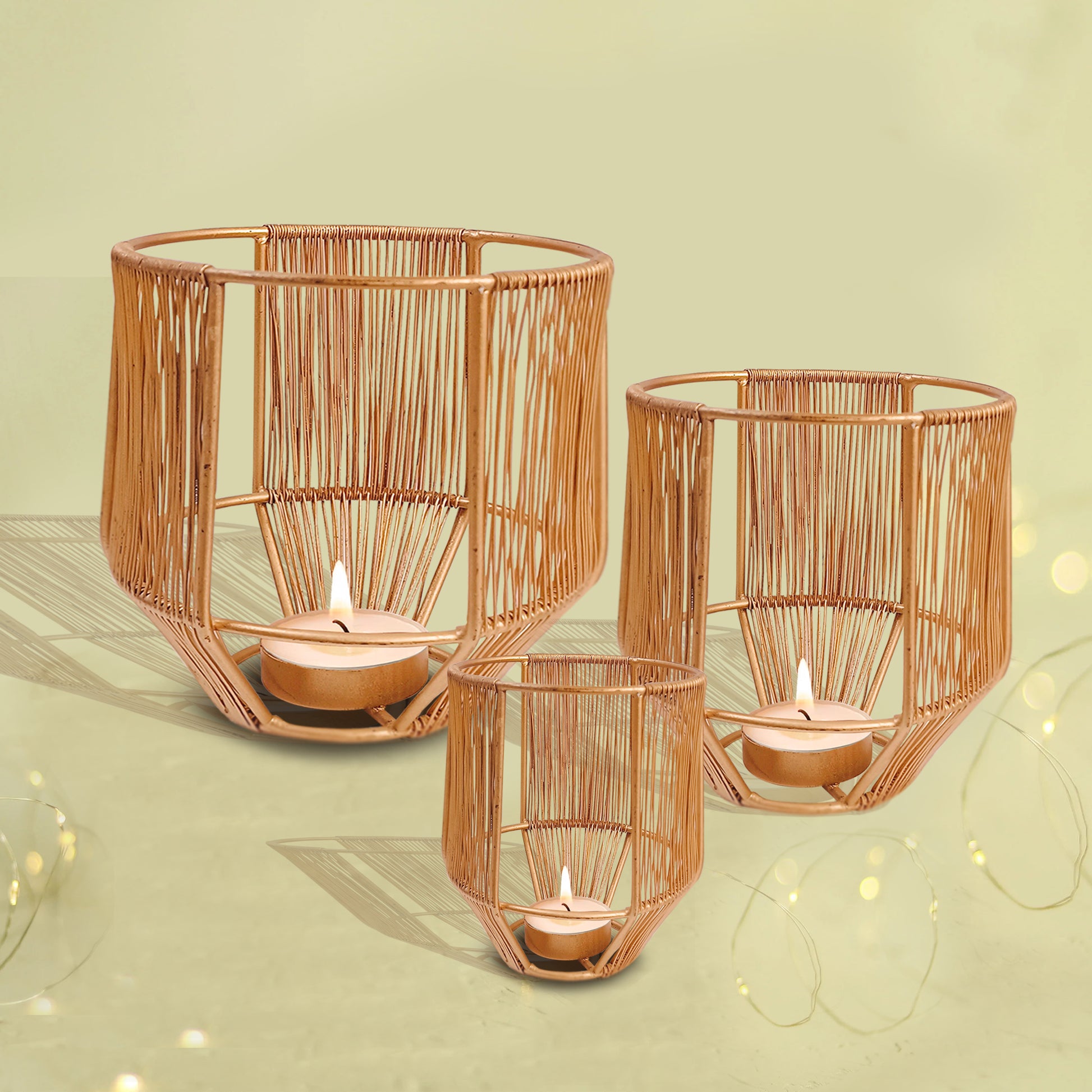 Golden Cage Metal Tealight Candle Holders (Set of 3) | Small + Medium + Large | - Vintageware