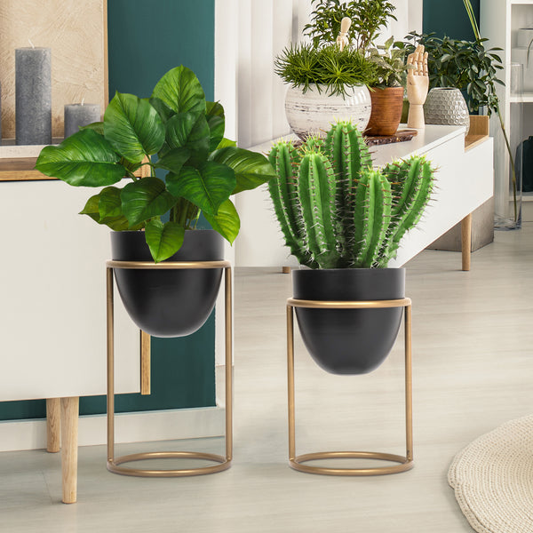 Metal Planter Stand With Planter (Golden & Black, Set of 2 )