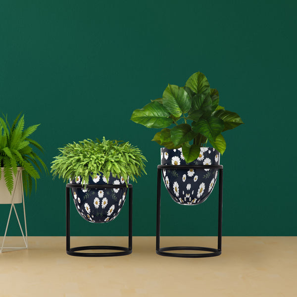 Metal Planter Stand With Planter (Blue, Set of 2)